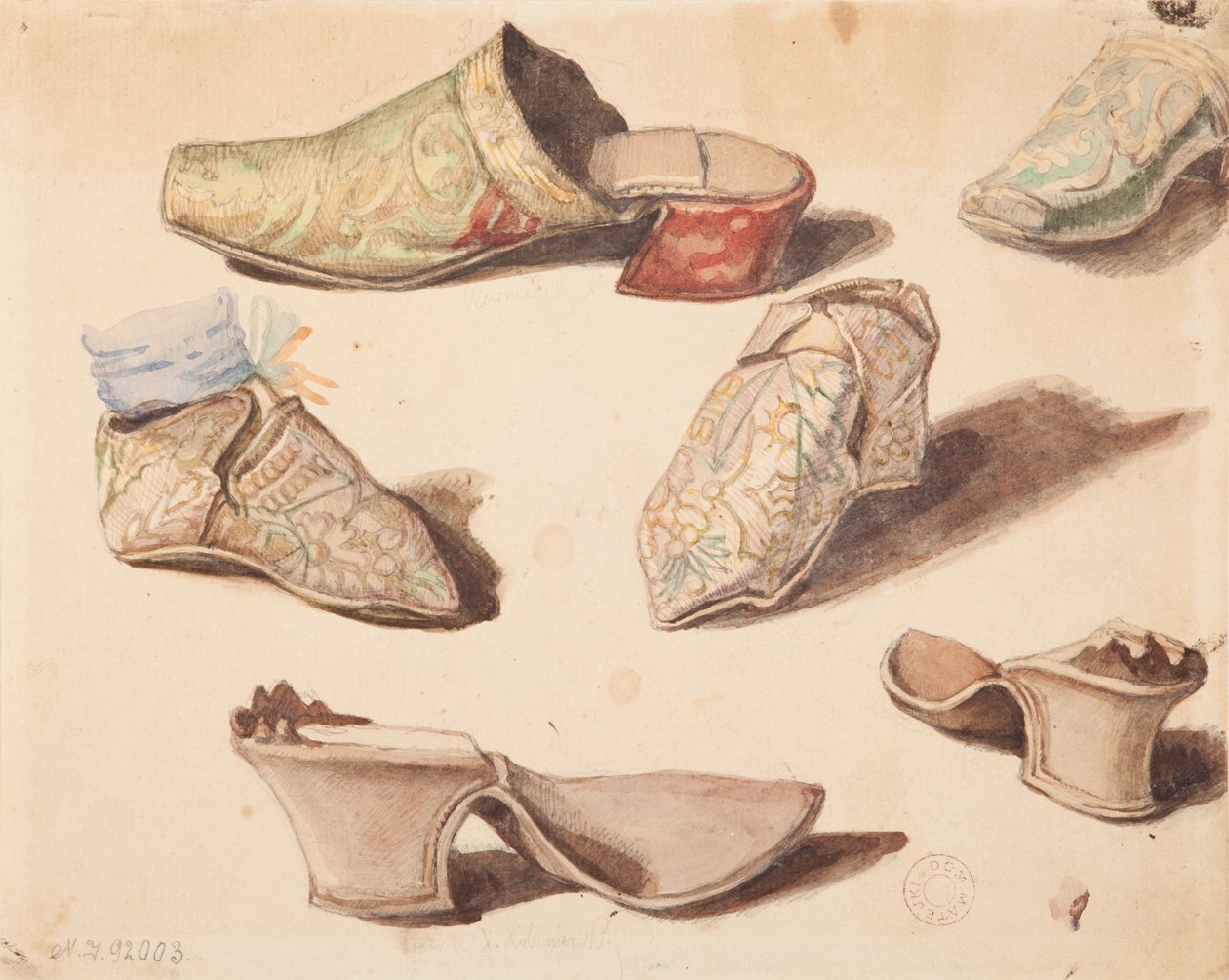 Kostuumstudies - Zes schoenen getekend tijdens de opening van de graven in de Karmelietenkerk in Wiśnicz door Jan Matejko