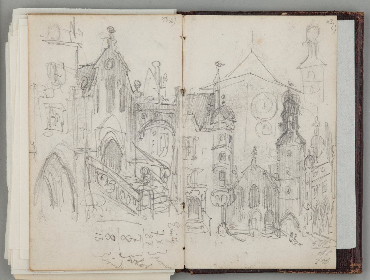 Münchens schetsboek van Jan Matejko. Eenzijdige tekening. Voorzijde: studie van de oude Marienplatz in München en studie van torens. door Jan Matejko