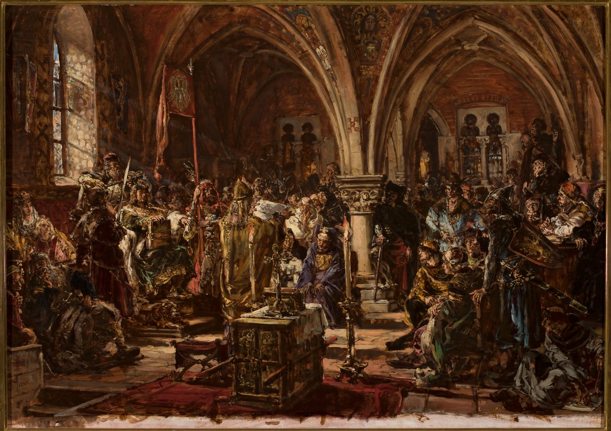 In Łęczyca, de eerste Sejm. Optekening van de wetten, beteugeling van het roverswezen. In het jaar 1182 door Jan Matejko
