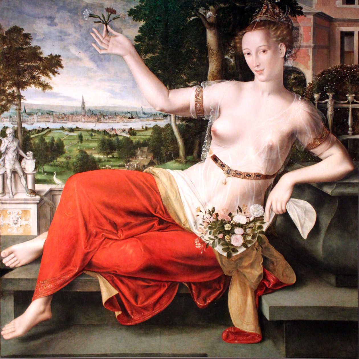 Dutch: Flora met op de achtergrond de stad Antwerpen Flora door Jan Matsys