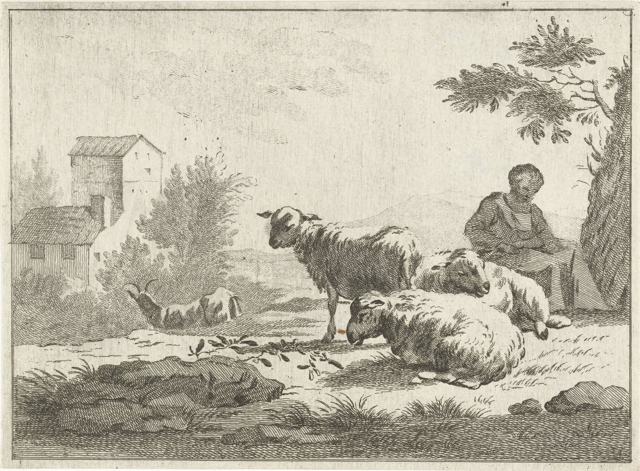 Herderin met kudde schapen door Jan Matthias Cok