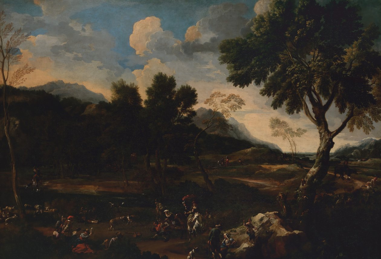 Landschap met een gevecht tussen twee rammen, ca. 1640 door Jan Miel
