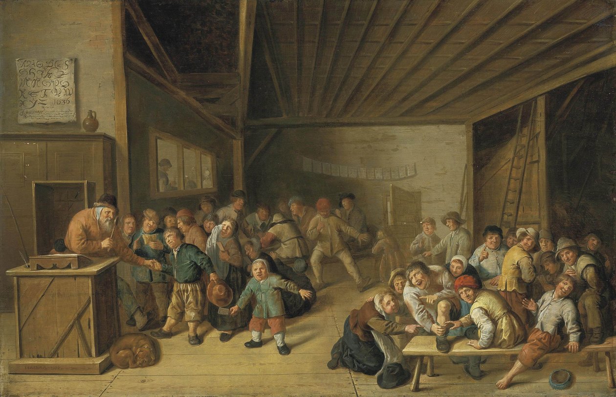 Een interieur van een schoollokaal, met een leraar op een podium en vrolijke leerlingen door Jan Miense Molenaer