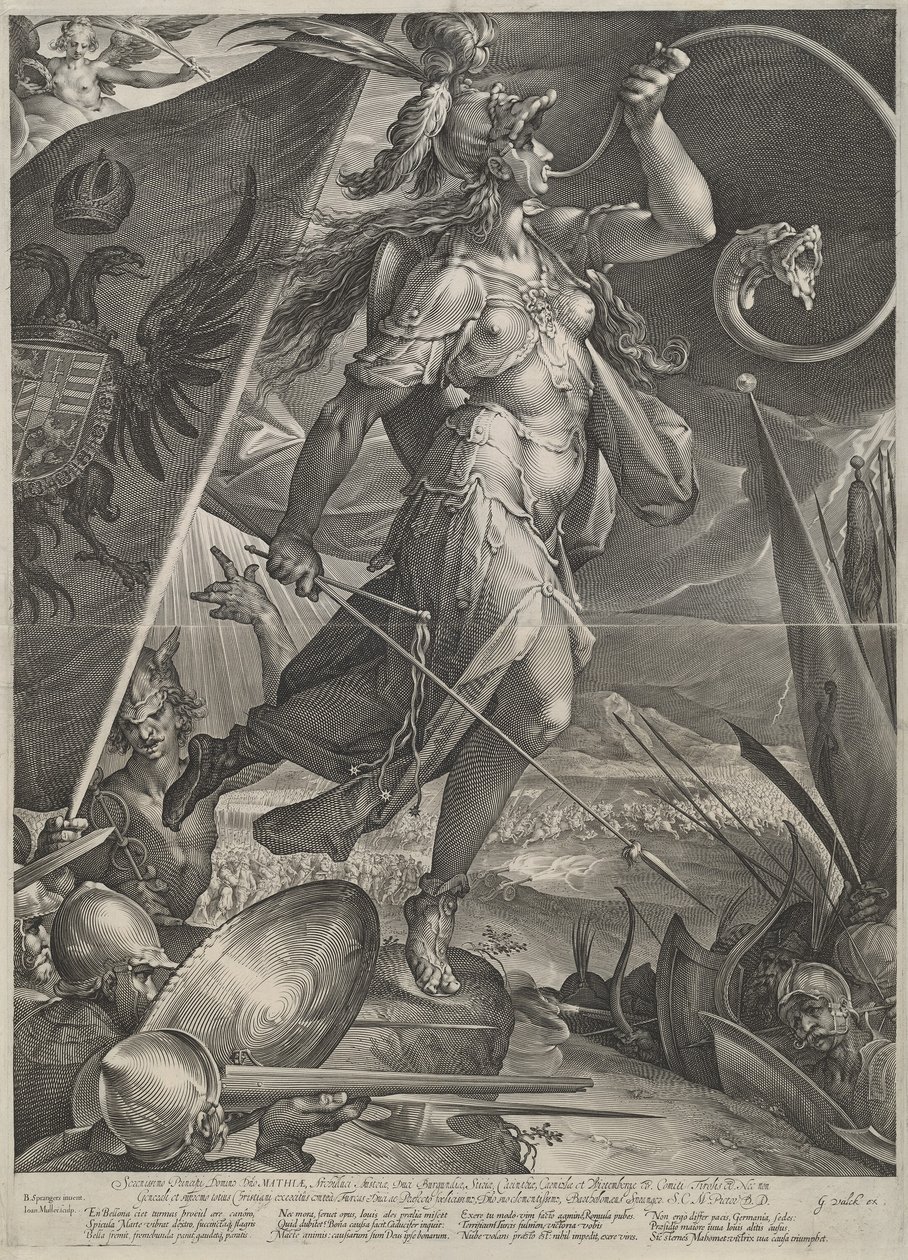 Bellona leidt de keizerlijke legers tegen de Turken door Jan Muller after Bartholomaeus Spranger