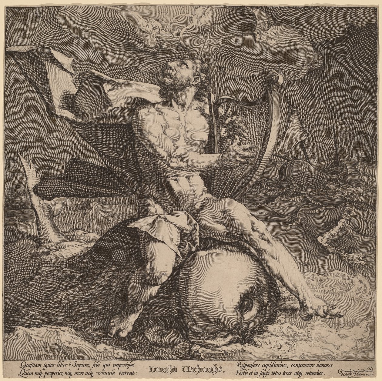 Arion op een Dolfijn door Jan Muller, after Cornelis Cornelisz van Haarlem