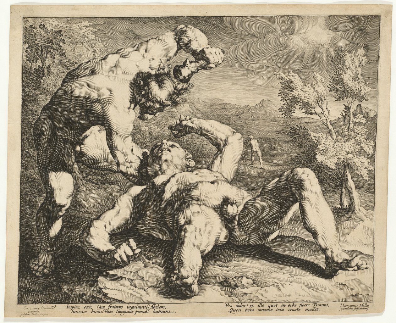 Kaïn doodt Abel door Jan Muller, after Cornelis Cornelisz van Haarlem