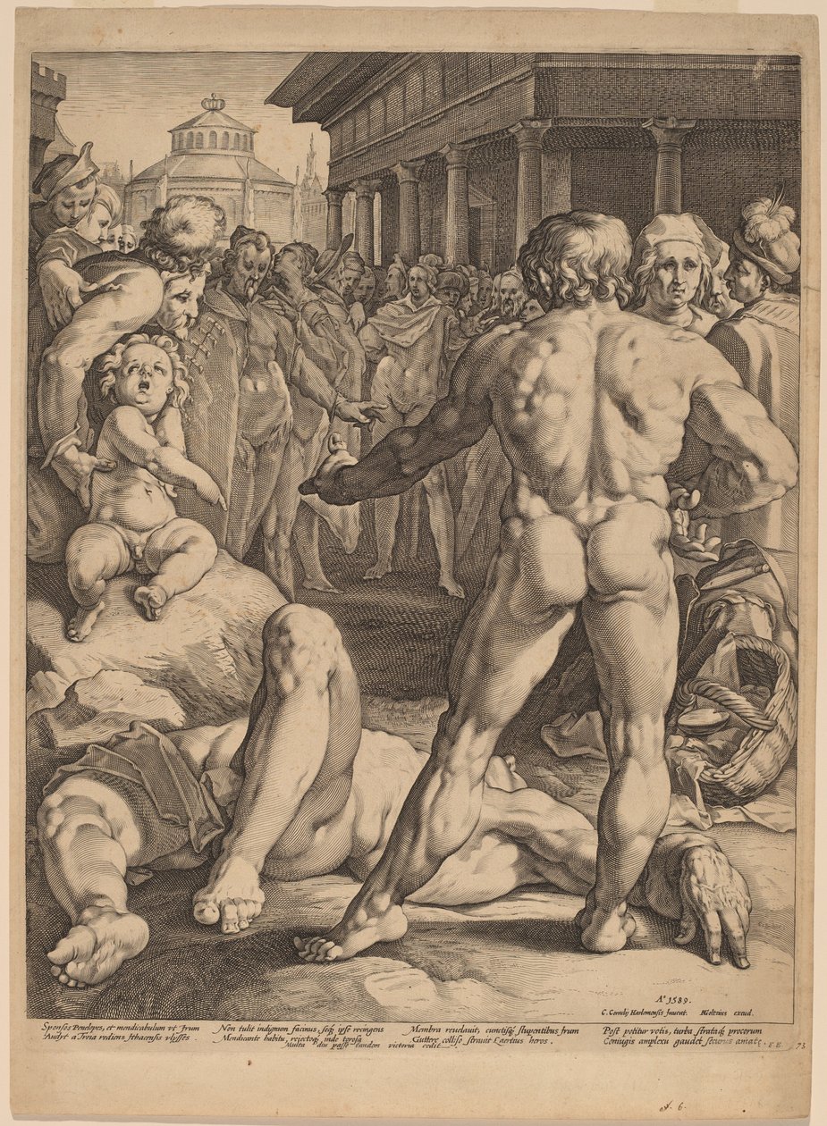 Het gevecht tussen Odysseus en Irus door Jan Muller, after Cornelis Cornelisz van Haarlem