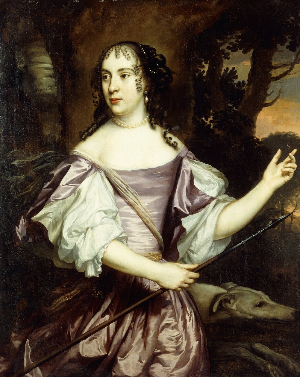 Portret van een dame, staand driekwart lengte, gekleed in een lavendel en witte satijnen jurk door Jan Mytens