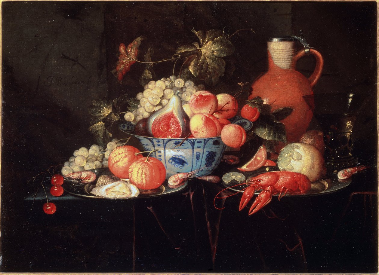 Stilleven met fruit en rivierkreeft door Jan Pauwel II the Younger Gillemans