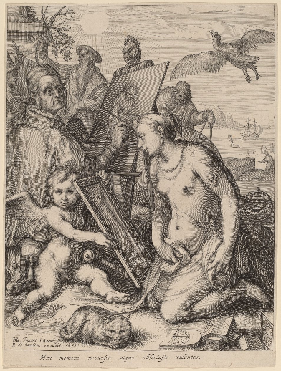 Kunstenaar schildert een naakte vrouw: Allegorie van visuele waarneming door Jan Pietersz Saenredam after Hendrik Goltzius