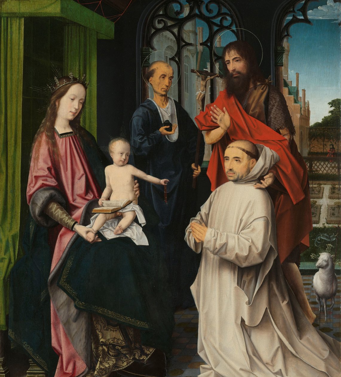 Tronende Madonna met de heiligen Hieronymus en Johannes de Doper en een knielende kartuizer monnik door Jan Provoost (attributed to)