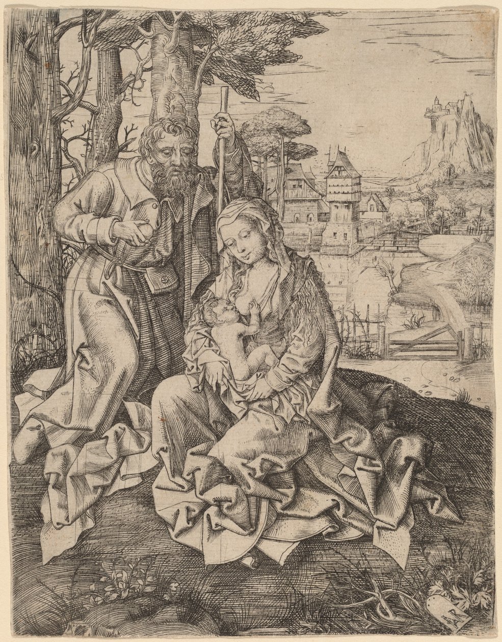 De Heilige Familie in een Landschap door Jan Rombouts the Elder