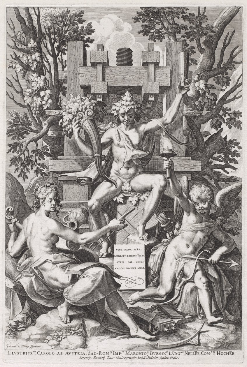 Bacchus Zittend op een Vat tussen Amor en Muziek door Jan Sadeler I, after Joos van Winghe