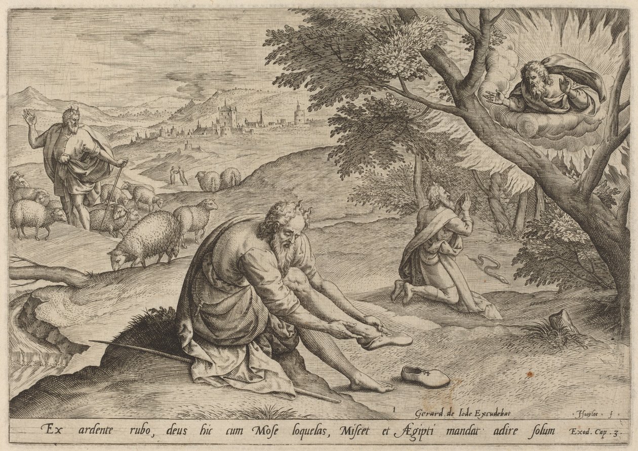 God Verschijnt aan Mozes door Jan Sadeler I, after Maarten van Cleef