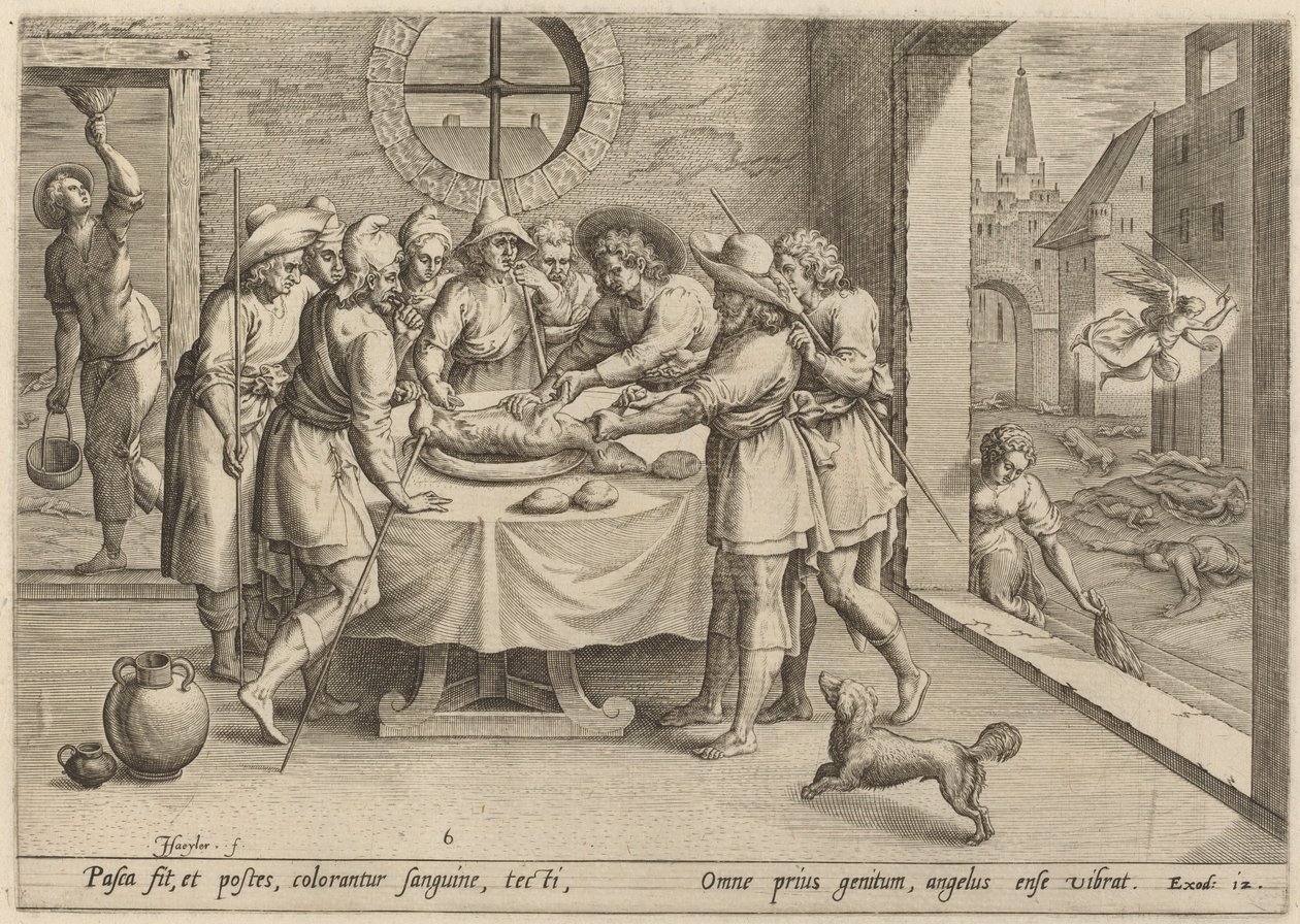 Voorbereiding voor het Pascha door Jan Sadeler I, after Maarten van Cleef