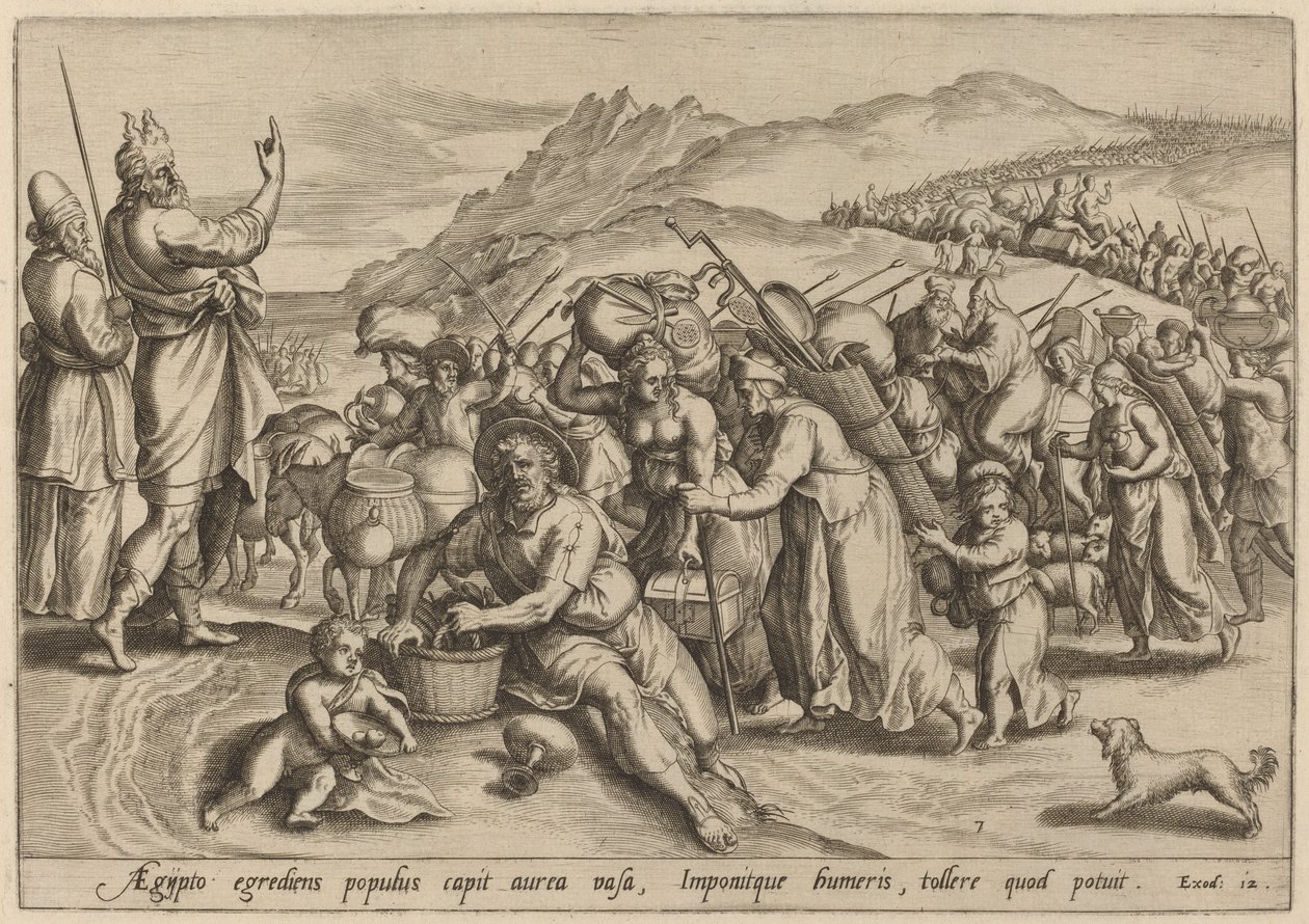 De Uittocht uit Egypte door Jan Sadeler I, after Maarten van Cleef