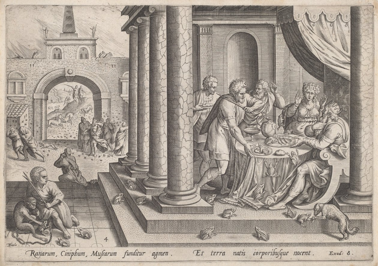 De plaag van kikkers door Jan Sadeler I, after Maarten van Cleef