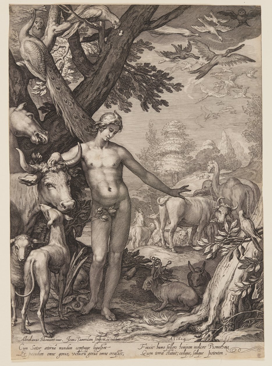 Adam noemt de dieren, uit Geschiedenis van de eerste ouders van de mens door Jan Saenredam