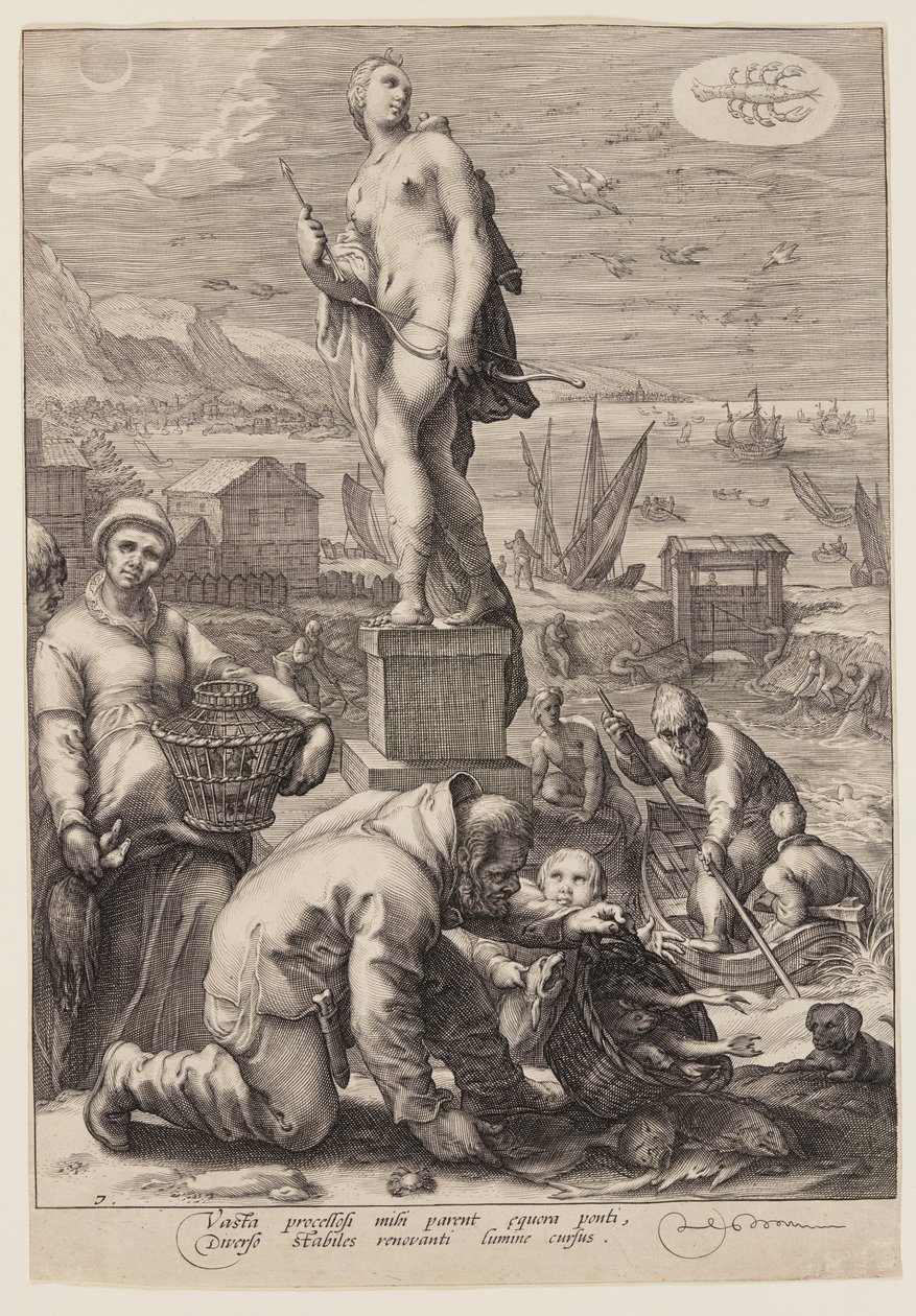 Diana die de leiding heeft over navigatie en vissen, uit Zeven Planeetgoden door Jan Saenredam