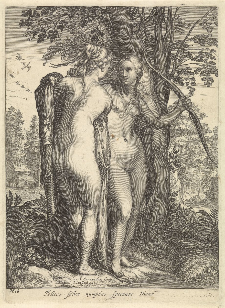 Diana en een nimf voor een boom door Jan Saenredam