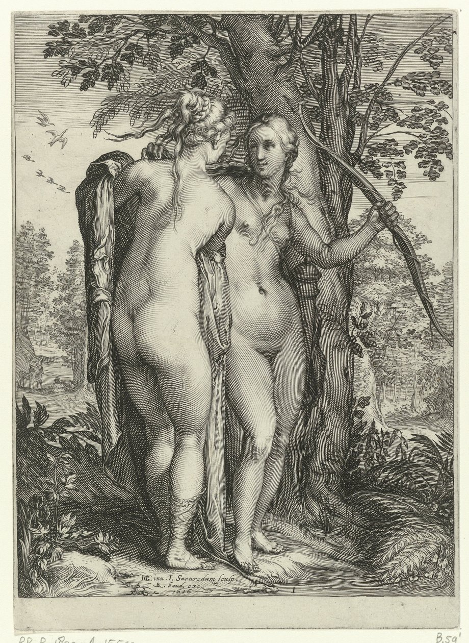 Diana en een nimf voor een boom door Jan Saenredam