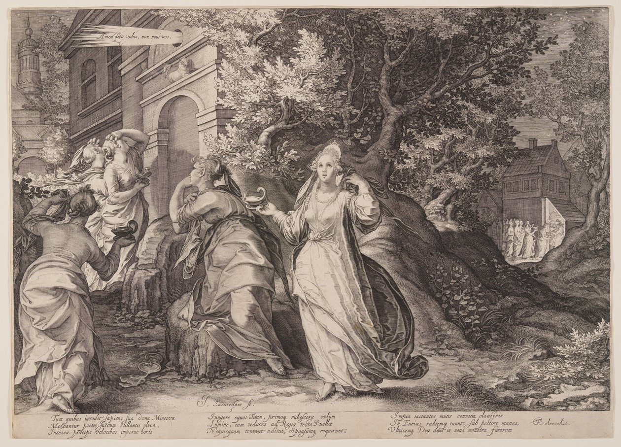 Dwaze maagden missen hun rendez-vous met onze Heer, uit de parabel van de wijze en dwaze maagden door Jan Saenredam