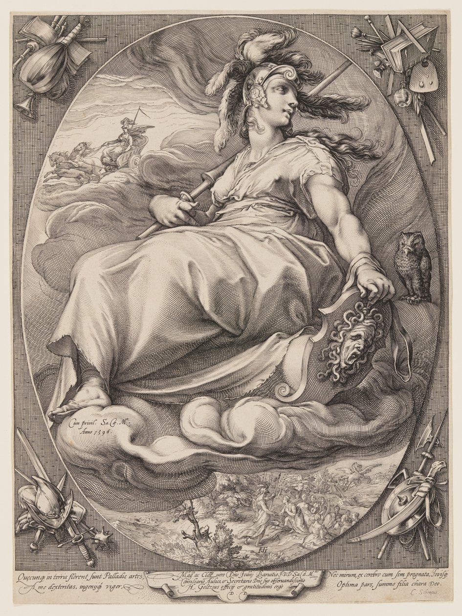 Pallas Athena, uit Drie Godinnen Zittend in de Wolken door Jan Saenredam