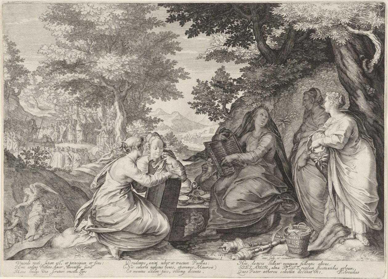 Vijf wijze maagden in een landschap met de prediking door Johannes de Doper door Jan Saenredam