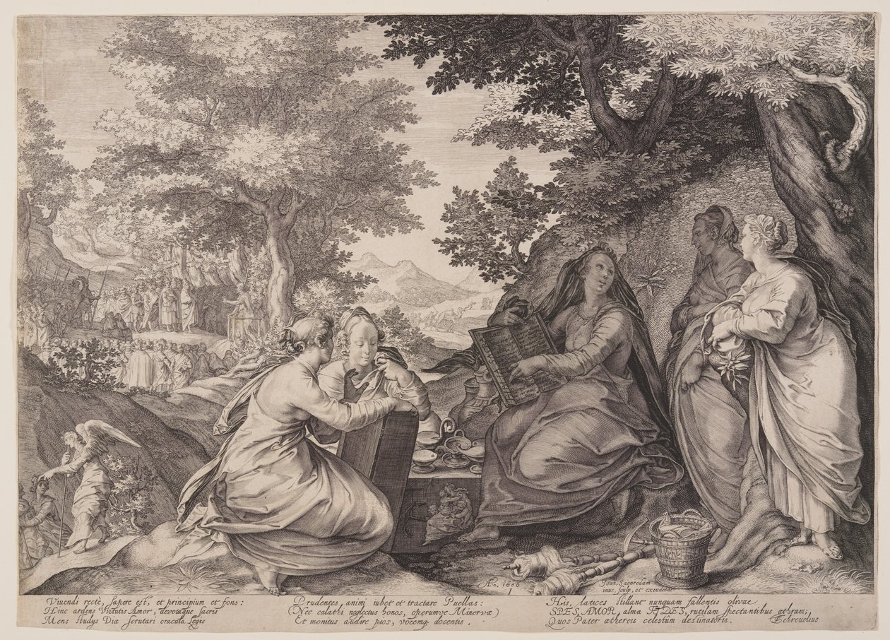 Wijze maagden verzameld in een landschap voor de prediking van de Doper, uit de parabel van de wijze en dwaze maagden door Jan Saenredam