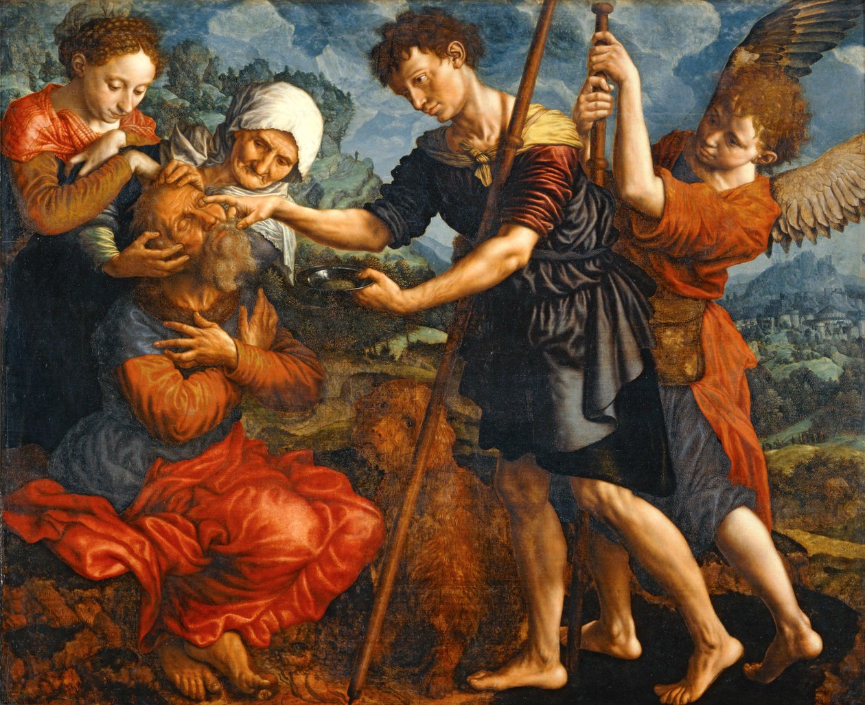 De jonge Tobias herstelt het gezichtsvermogen van zijn vader ... door Jan Sanders van (attr. to) Hemessen