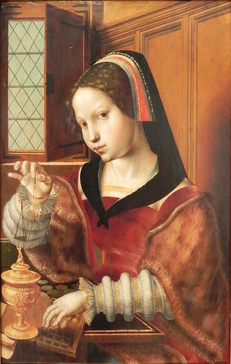 Duits: Die Goldwägerin Vrouw die goud weegt
 Alternatieve titel(s):  
Woman Holding a Balance door Jan Sanders van Hemessen