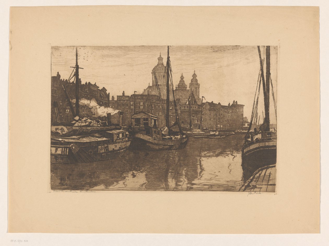 Gezicht op de Prins Hendrikkade in Amsterdam door Jan Sirks (signed by artist)