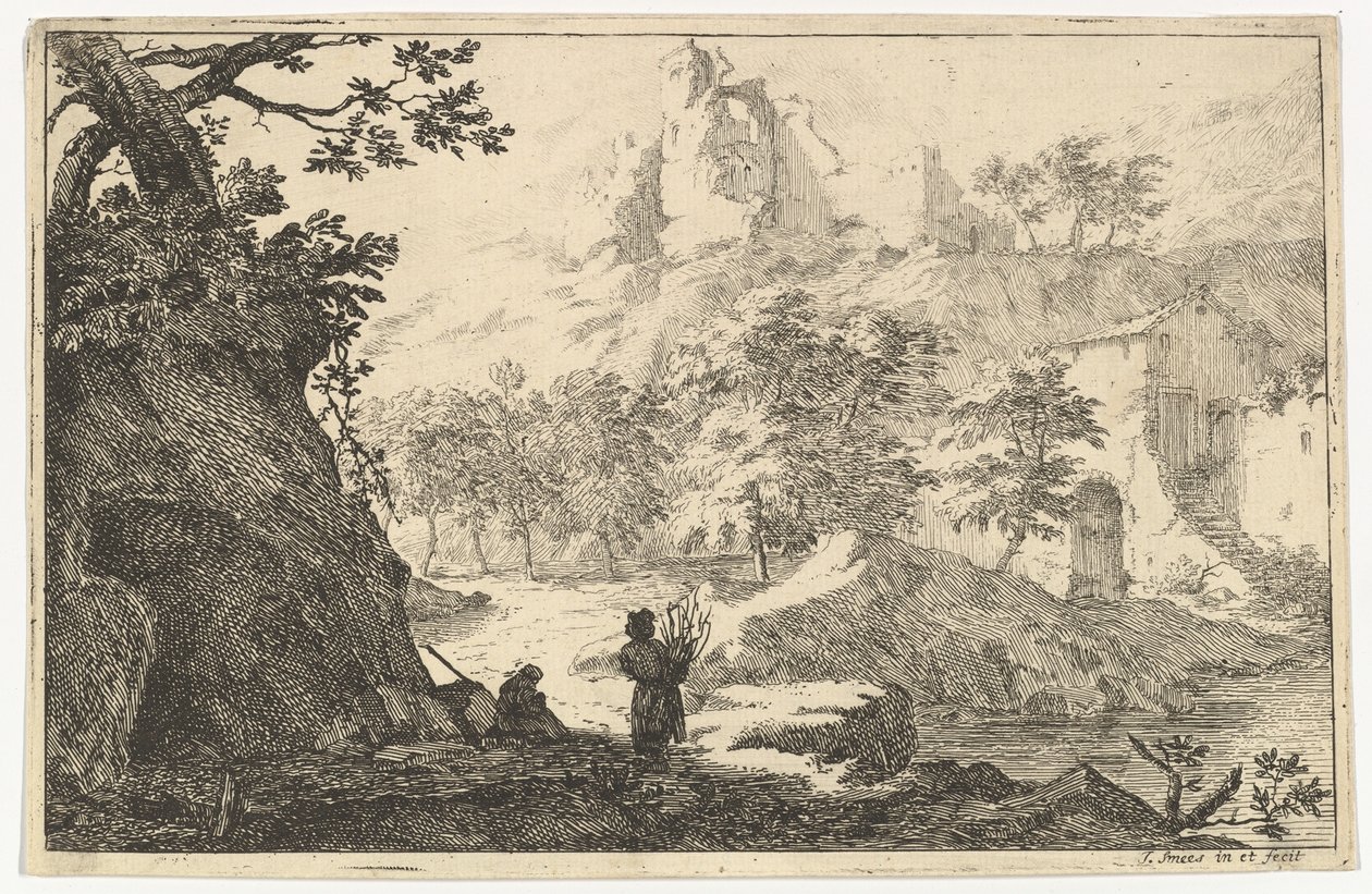 Landschap met ruïnes van een kasteel op een heuvel, begin 18e eeuw door Jan Smees