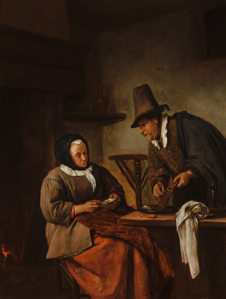 Een oud echtpaar dat een warme drank bereidt door Jan Steen