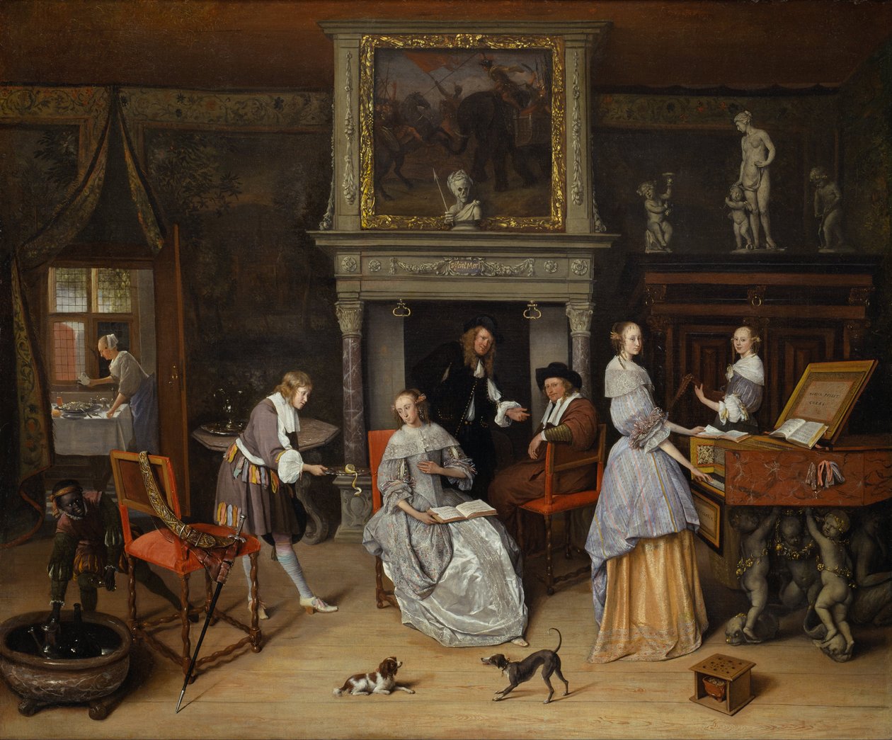 Fantasie Interieur met Jan Steen en de Familie van Gerrit Schouten door Jan Steen