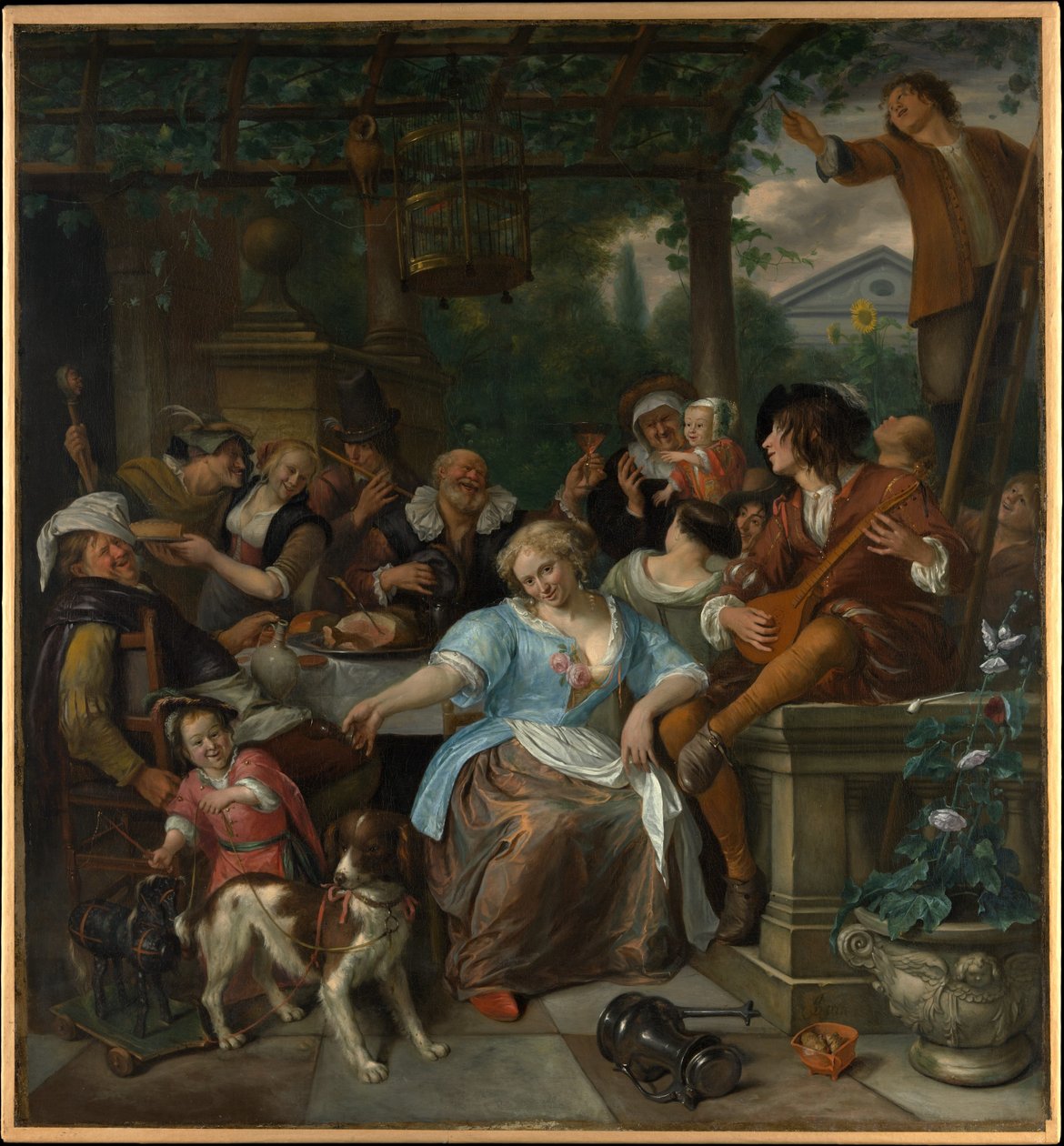 Vrolijk gezelschap op een terras door Jan Steen