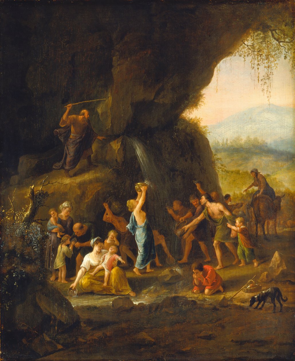 Mozes slaat water uit de rots door Jan Steen