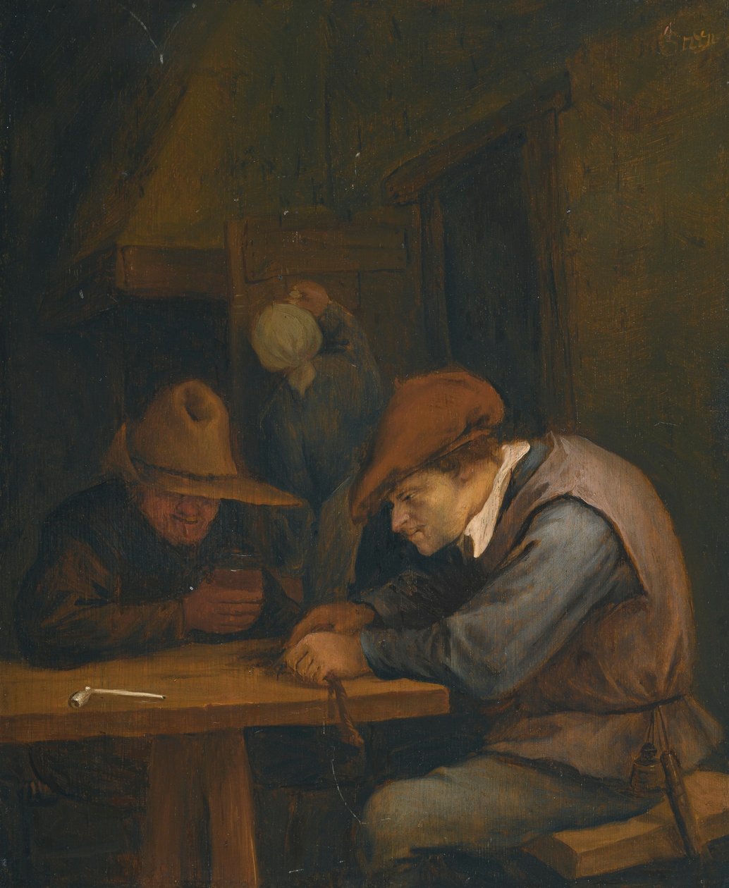 Boeren drinken en snijden tabak in een herberg door Jan Steen