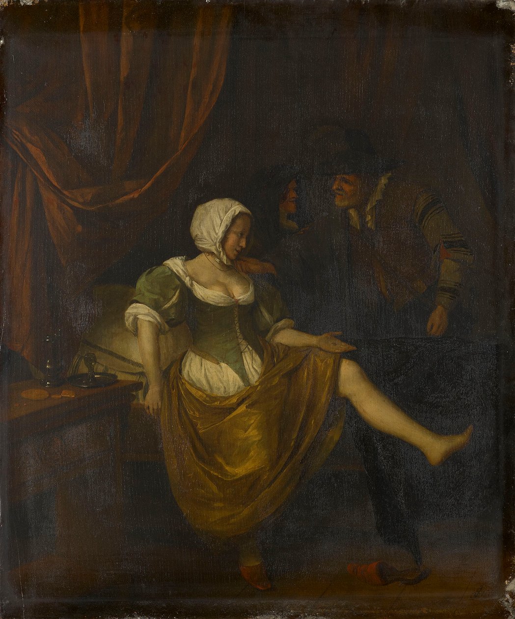 Scène in een bordeel met een oude man die geld geeft aan een meisje door Jan Steen