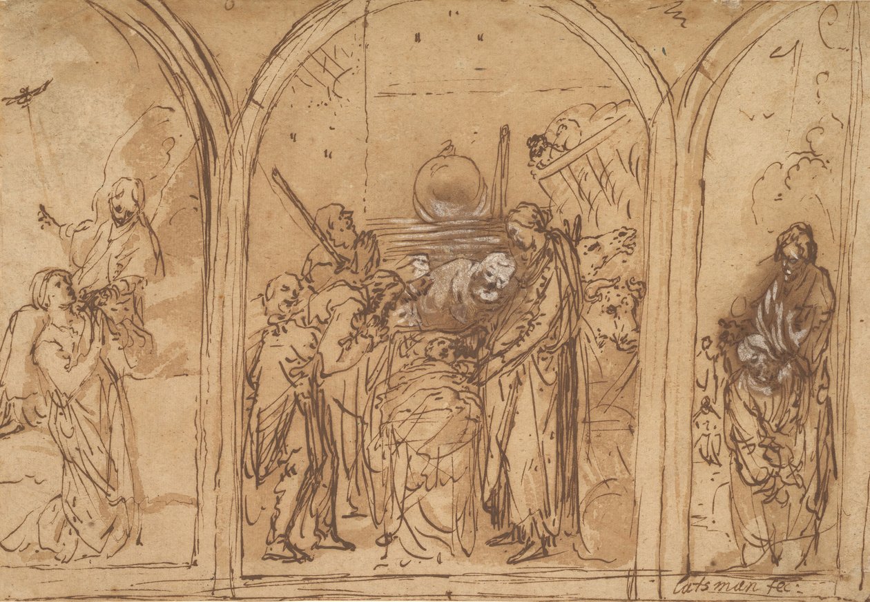 Een Ontwerp voor een Drieluik met de Aanbidding van de Twee Heiligen, vroege 17e eeuw door Jan Symonsz. Pynas