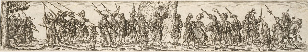 Soldatenmars, in het midden een vaandeldrager door Jan Theodor de Bry