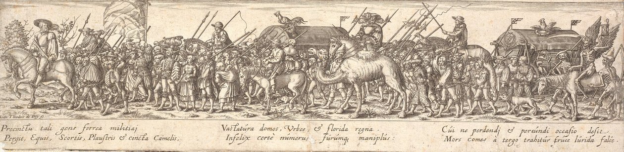Troepen van soldaten met bagagewagen en de Dood te paard door Jan Theodor de Bry