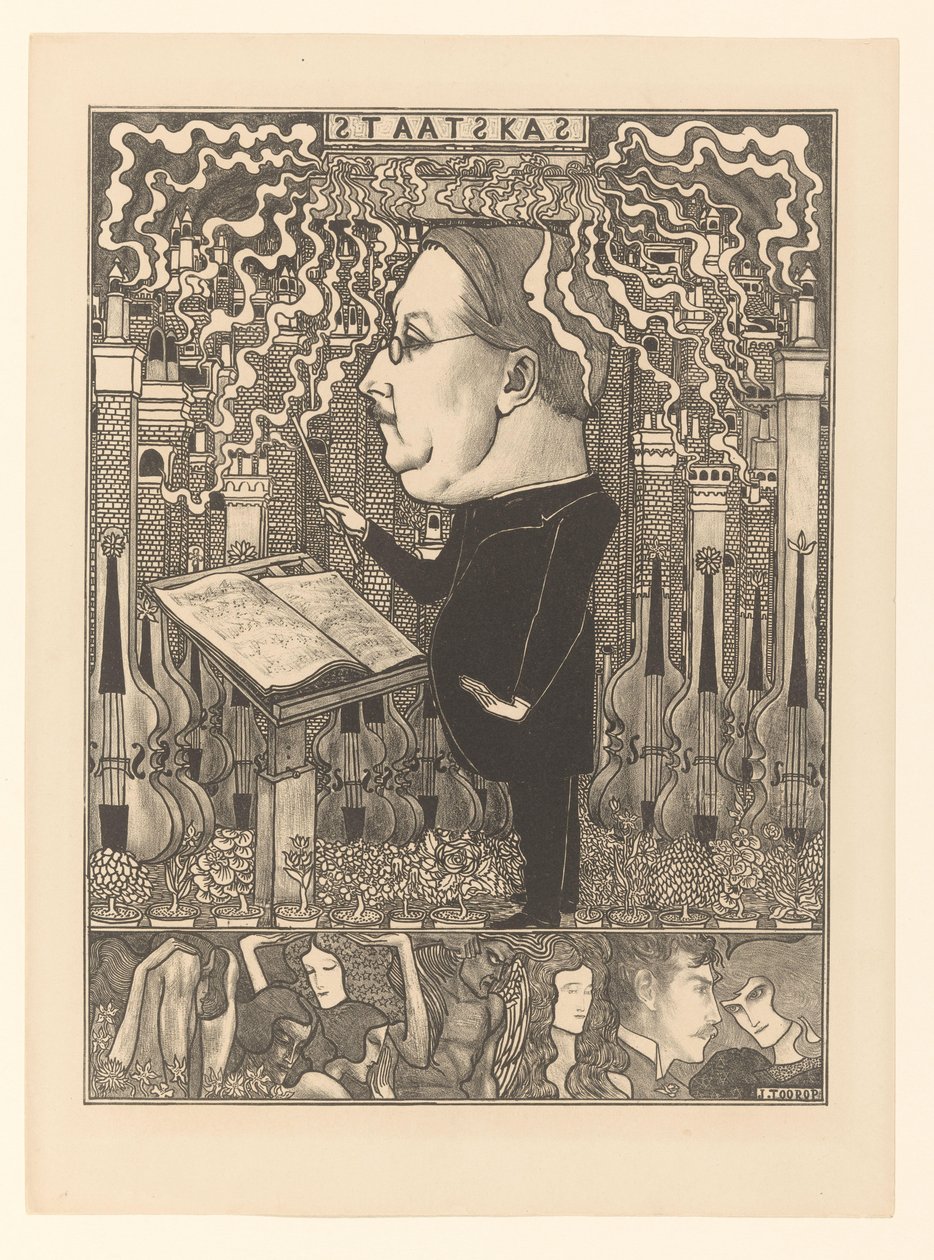 Dirigent met daarachter violen en rokende schoorstenen door Jan Toorop