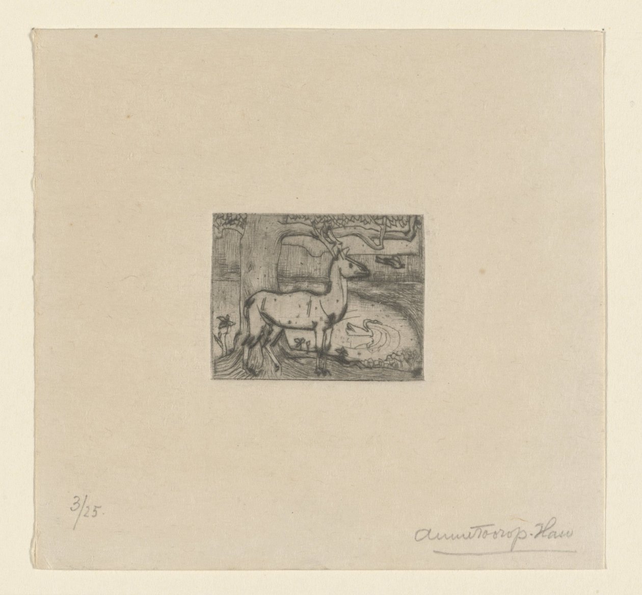 Hert bij een boom voor een vijver door Jan Toorop