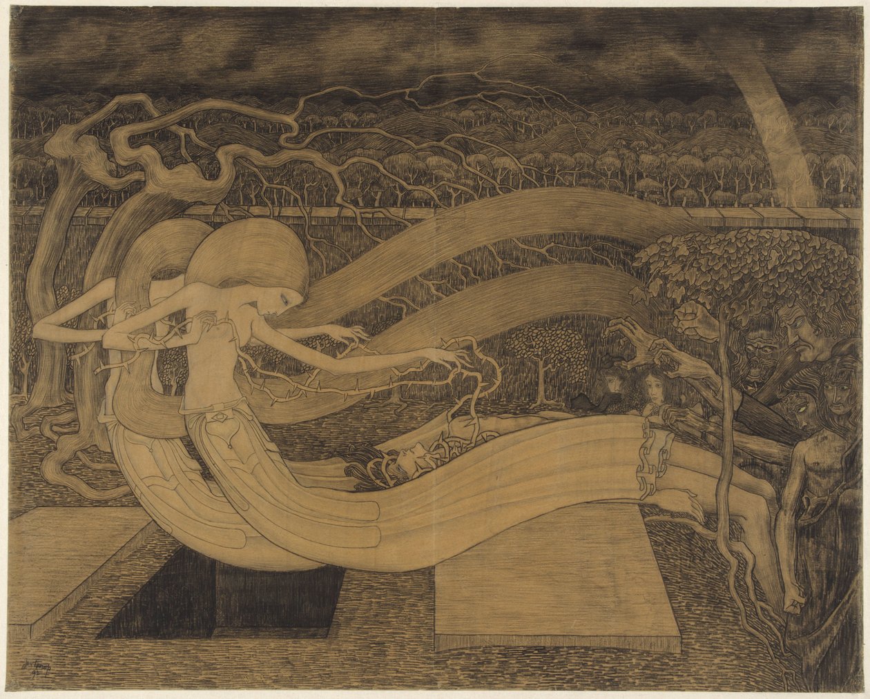 O Grave, where is thy Victory? Twee vrouwen naast een man en een open graf door Jan Toorop