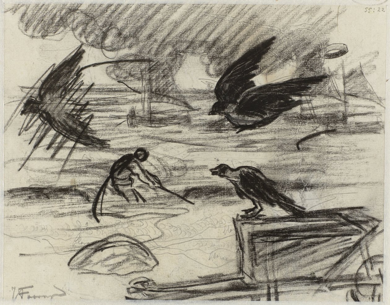 Zeegezicht met visser, op de voorgrond een kruiwagen met vogels door Jan Toorop