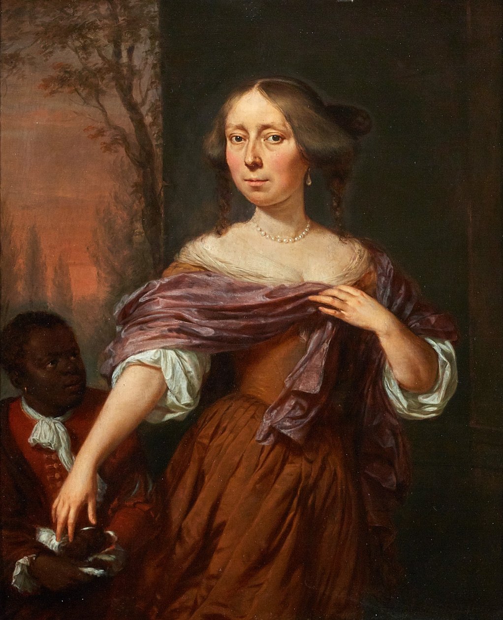 Portret van Jacomina le Pla (1647-1681), met een bediende door Jan Verkolje