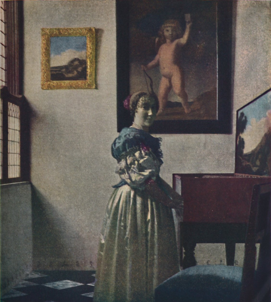 Een dame staand bij het virginaal, ca. 1670-1672, ca. 1950 door Jan Vermeer van Delft