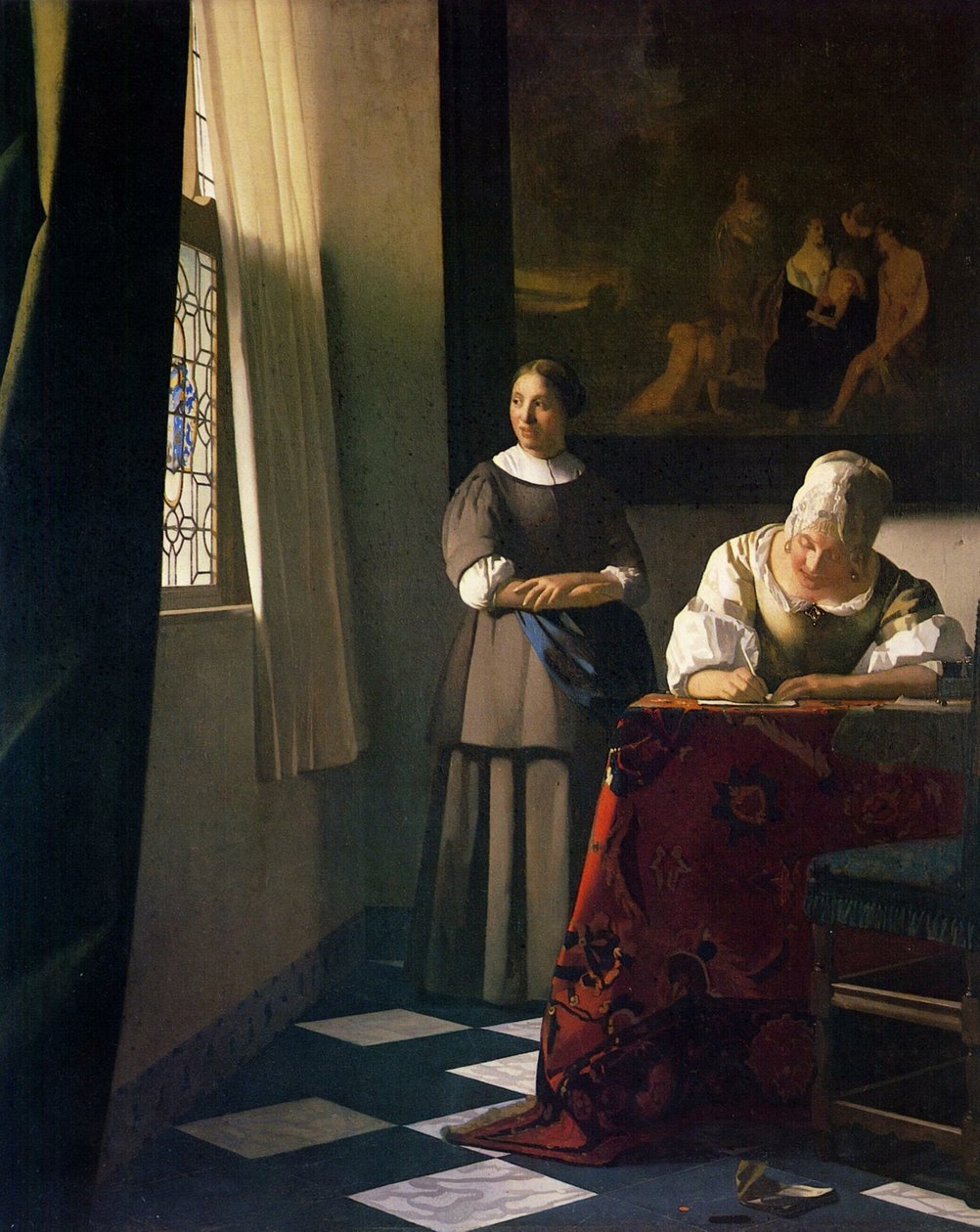 Dame die een brief schrijft met haar dienstmeid door Jan Vermeer van Delft