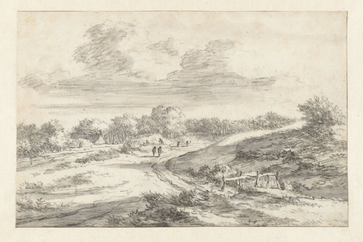 Duinlandschap met figuren langs een weg, met een huisje in de verte door Jan Vermeer van Haarlem (I) (attributed to)